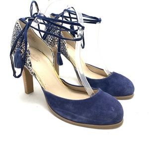 SEYCHELLES HERITAGE Genuine Leather Ankle Strap High Heels Blue Shoes Tassels 9